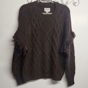 American Eagle Rare Find Brown Cable Knit Western Sweater with Fringe Sz M